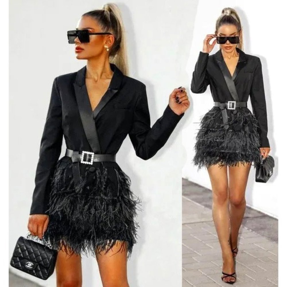 💥SEXY GLAM💥 LUX TUXEDO FEATHER HEM BLAZER DRESS in BLACK